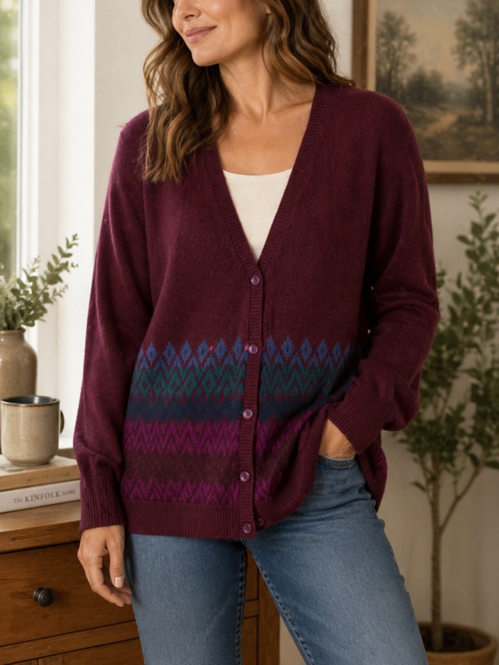 Eddie Bauer Fair Isle Cardigan‎ XXL Burgundy Mohair Blend Cozy